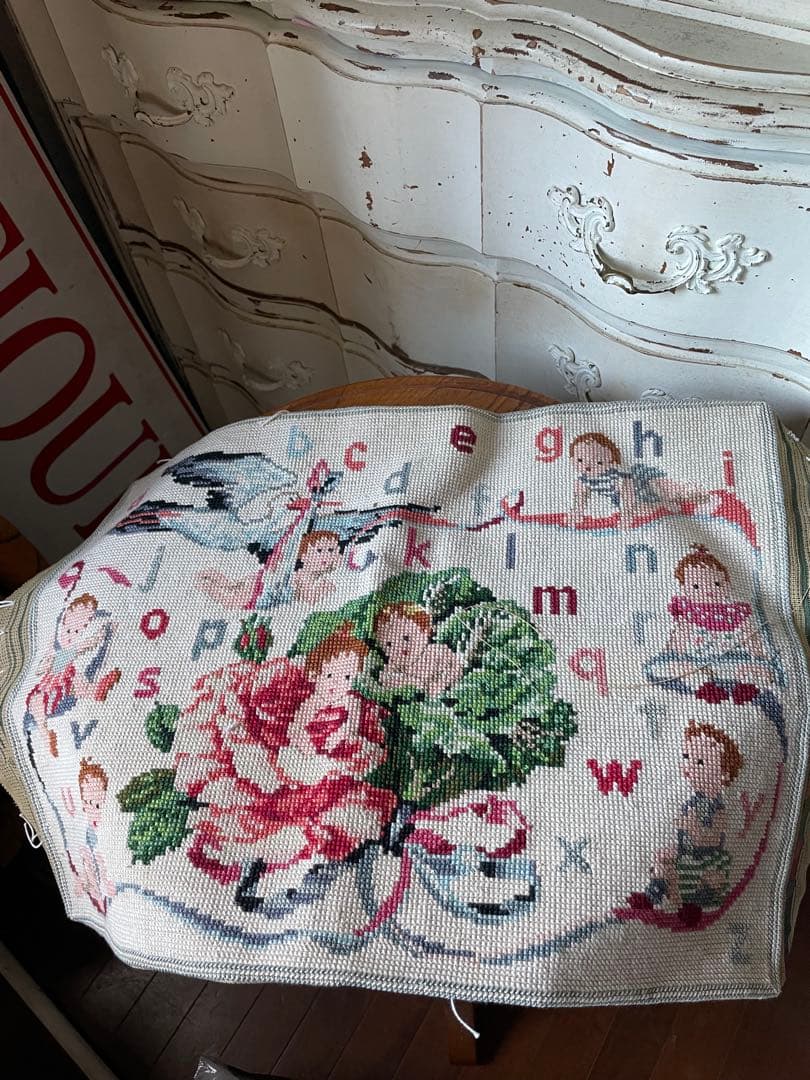 アメリアンティーク　サンプラー　アルファベット　刺繍　プチポアン　レア