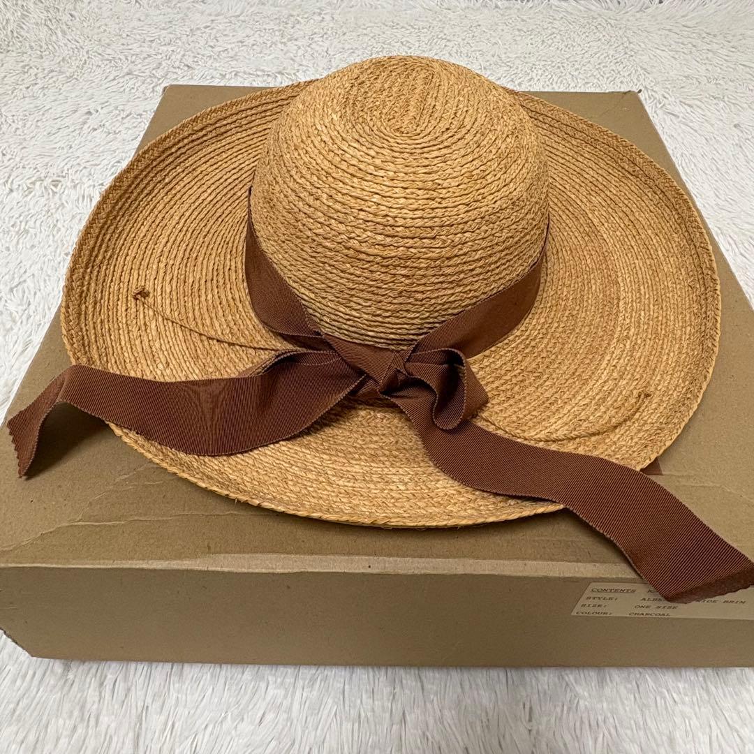 美品　ヘレンカミスキー　ラフィアハット　麦わら帽子　チャコール　箱付き