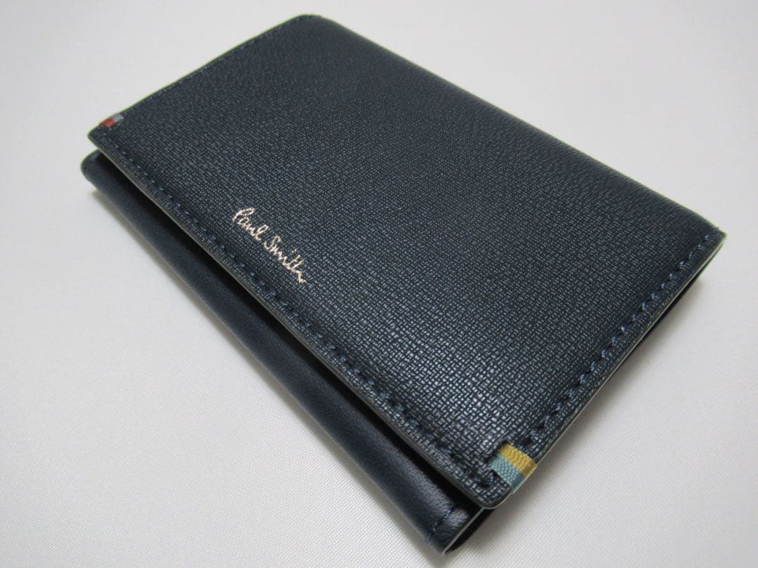ポールスミス 新品！ハイライトステッチ牛革×床革名刺入れ カードケース 濃緑青