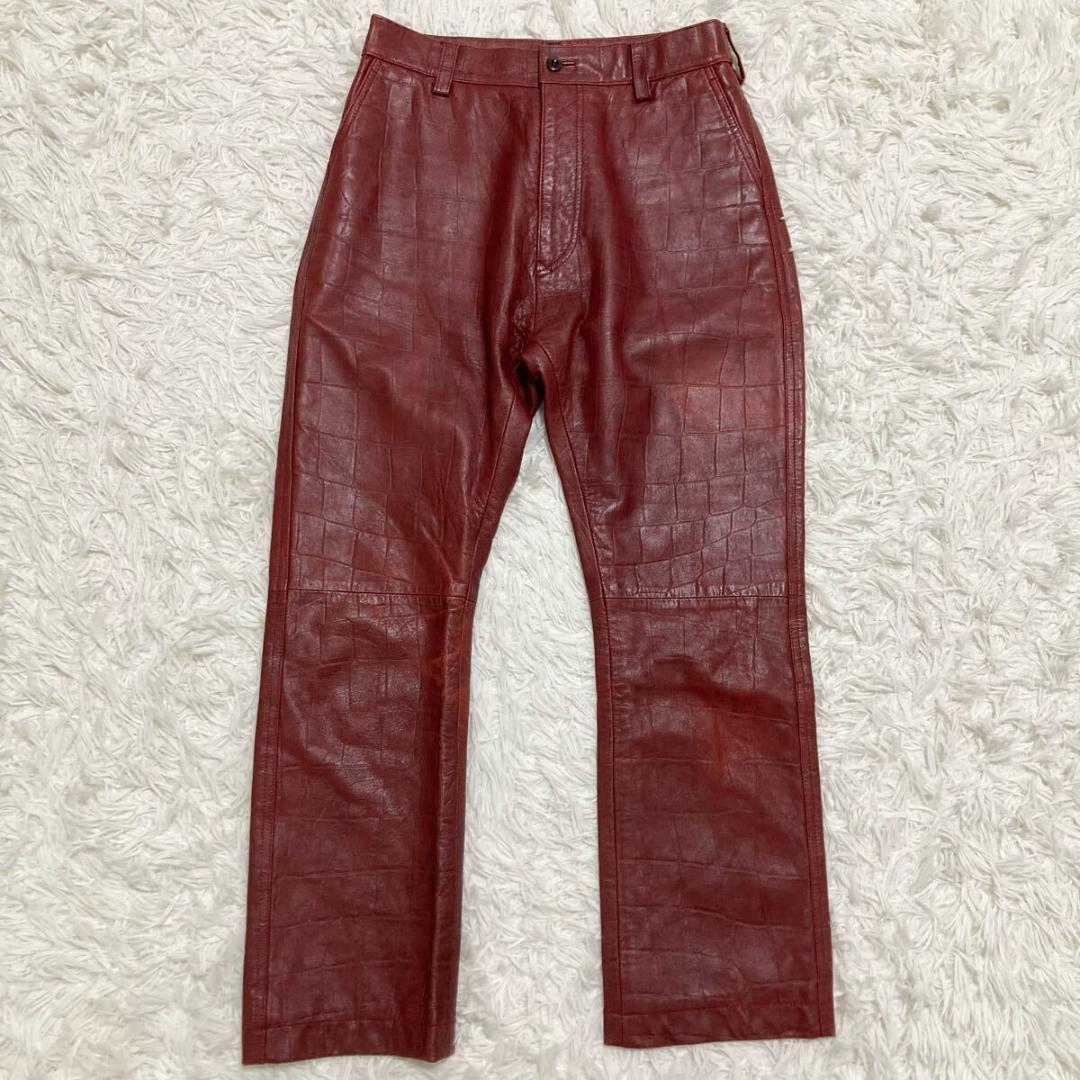 barassi ラムレザー クロコ型押し レザーパンツ ボルドー レディース M