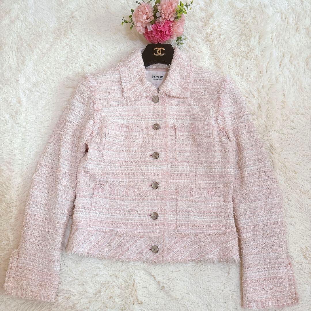 人気☆ルネ TISSUE ミックスツイード ジャケット　ビジューボタン ピンク