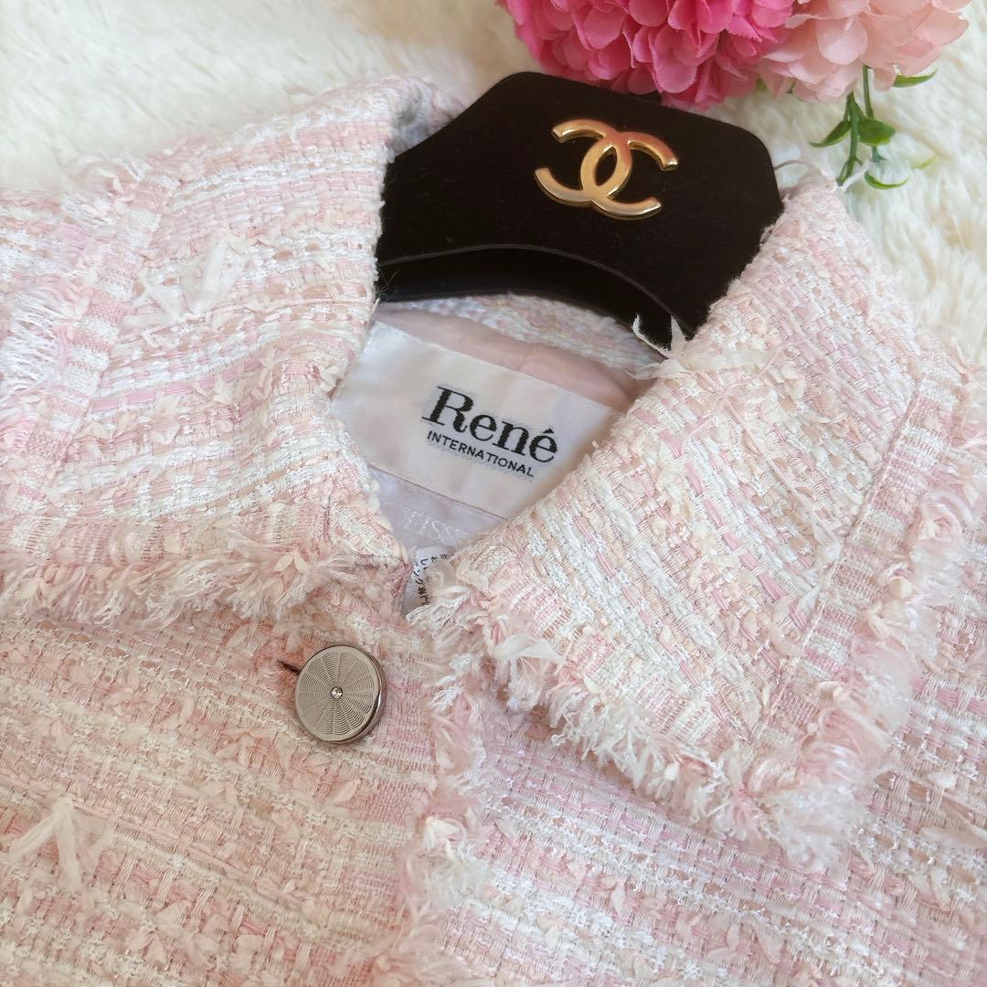 人気☆ルネ TISSUE ミックスツイード ジャケット　ビジューボタン ピンク