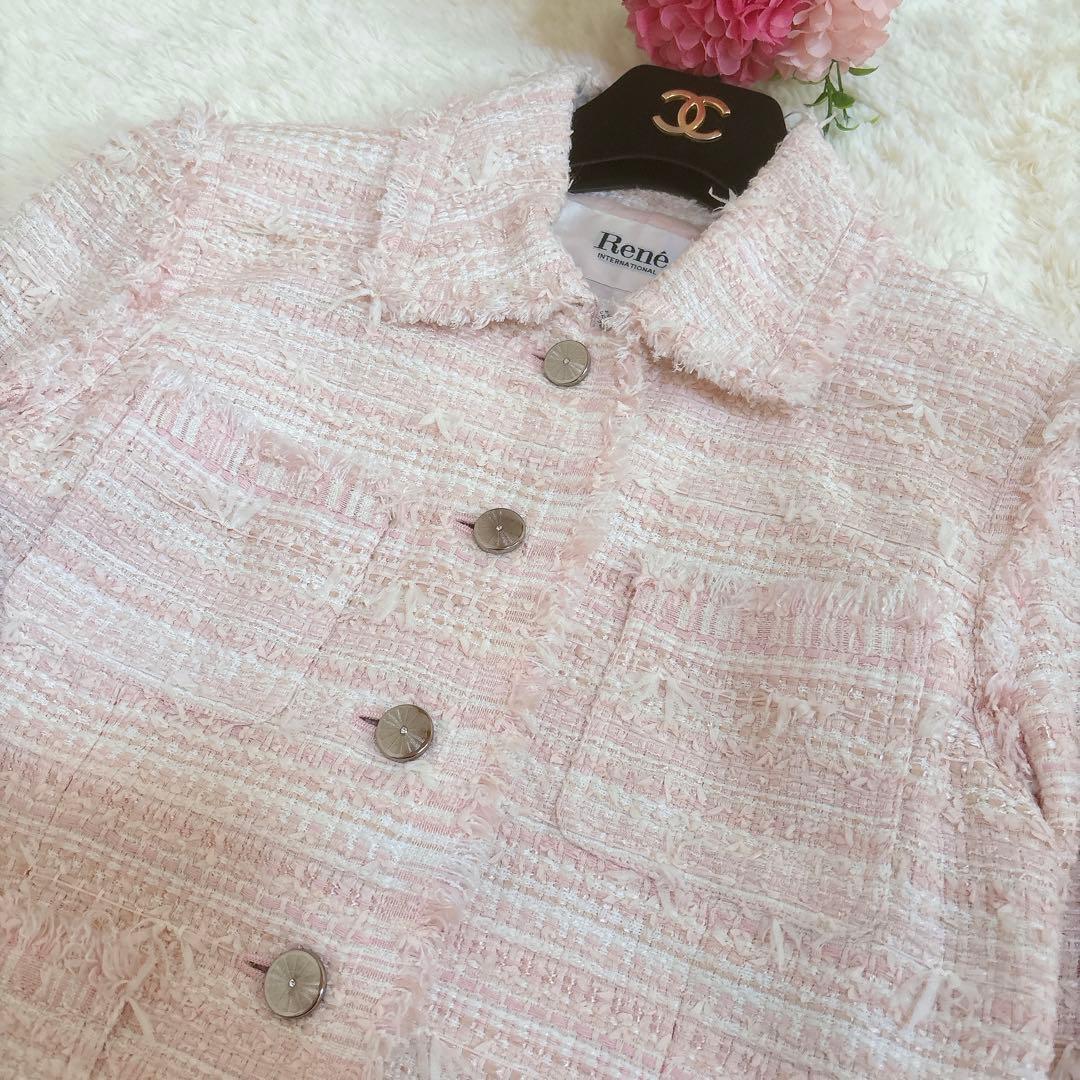 人気☆ルネ TISSUE ミックスツイード ジャケット　ビジューボタン ピンク