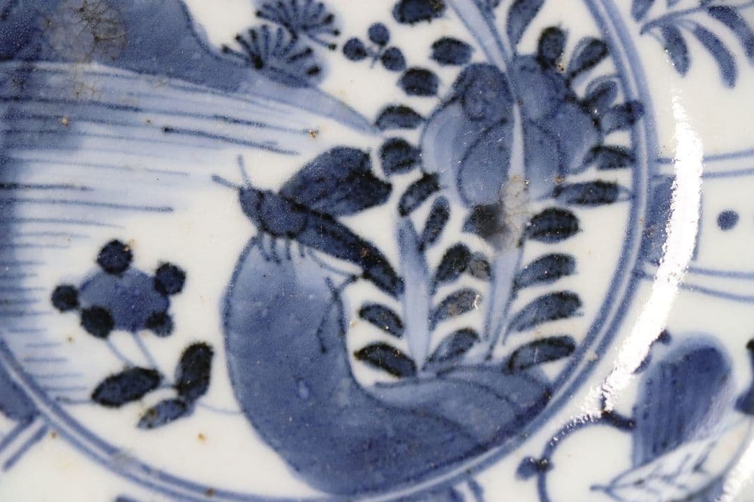 【CM69】古伊万里 芙蓉手 染付皿 三客 江戸期 虫図 飛蝗 草花 宝尽