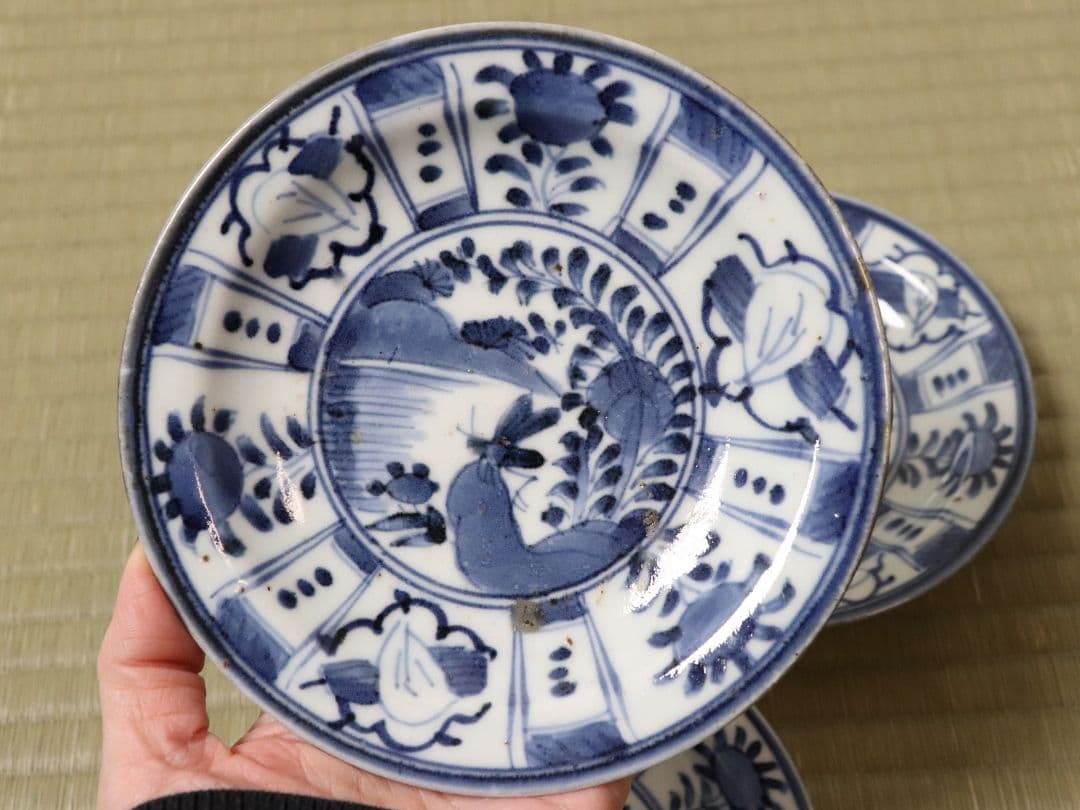 【CM69】古伊万里 芙蓉手 染付皿 三客 江戸期 虫図 飛蝗 草花 宝尽