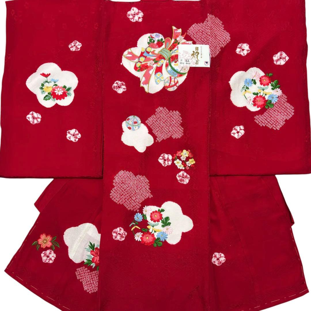 《未使用》豪華総刺繍❗️ 桶絞り お宮参り 産着 本絞り 刺繍入り赤※染色飛びアリ