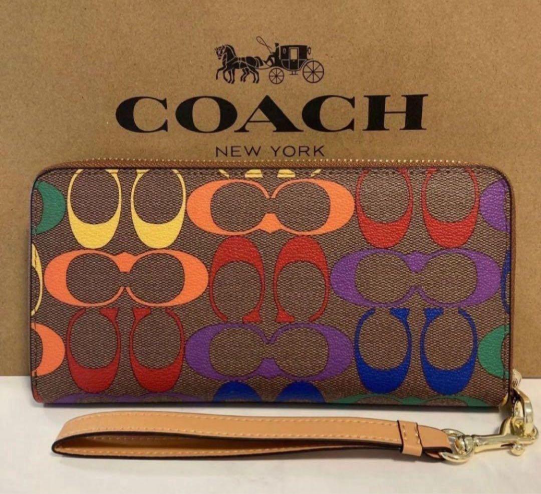 COACH長財布レインボーマルチカラーシグネチャーストラップ付.男女兼用.新品
