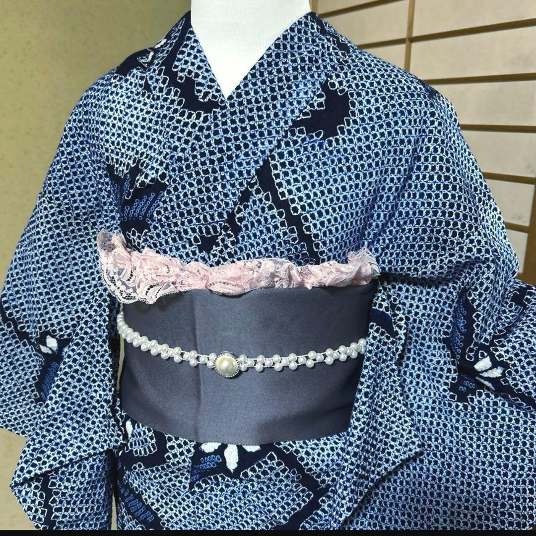 有松鳴海絞りフルセット4点高　美品綿浴衣+半幅帯+帯締め+帯揚げ