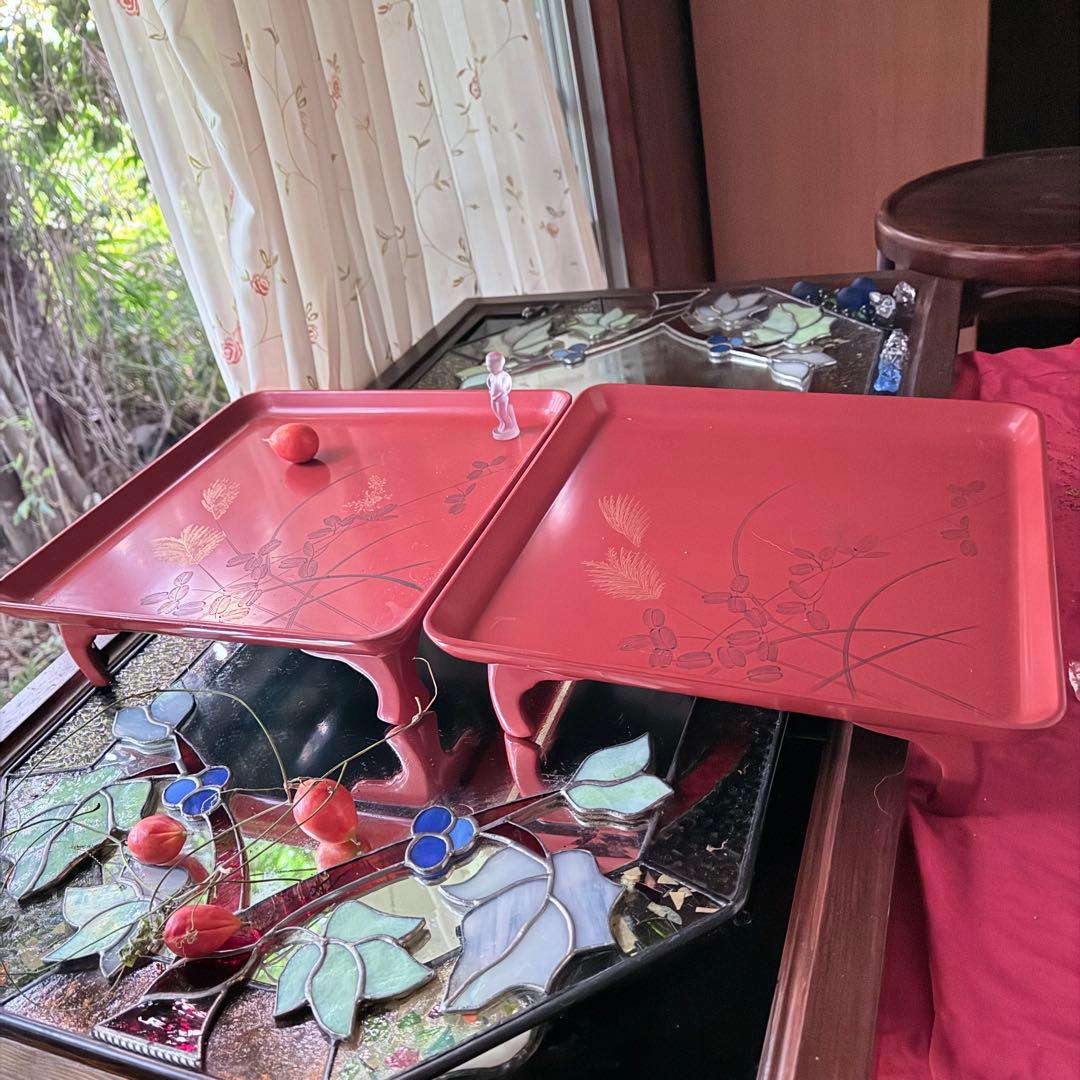 A様へ感謝お嫁入り‼️節目にJAPAN GOLDすすき天然木朱色沈金御膳 10客