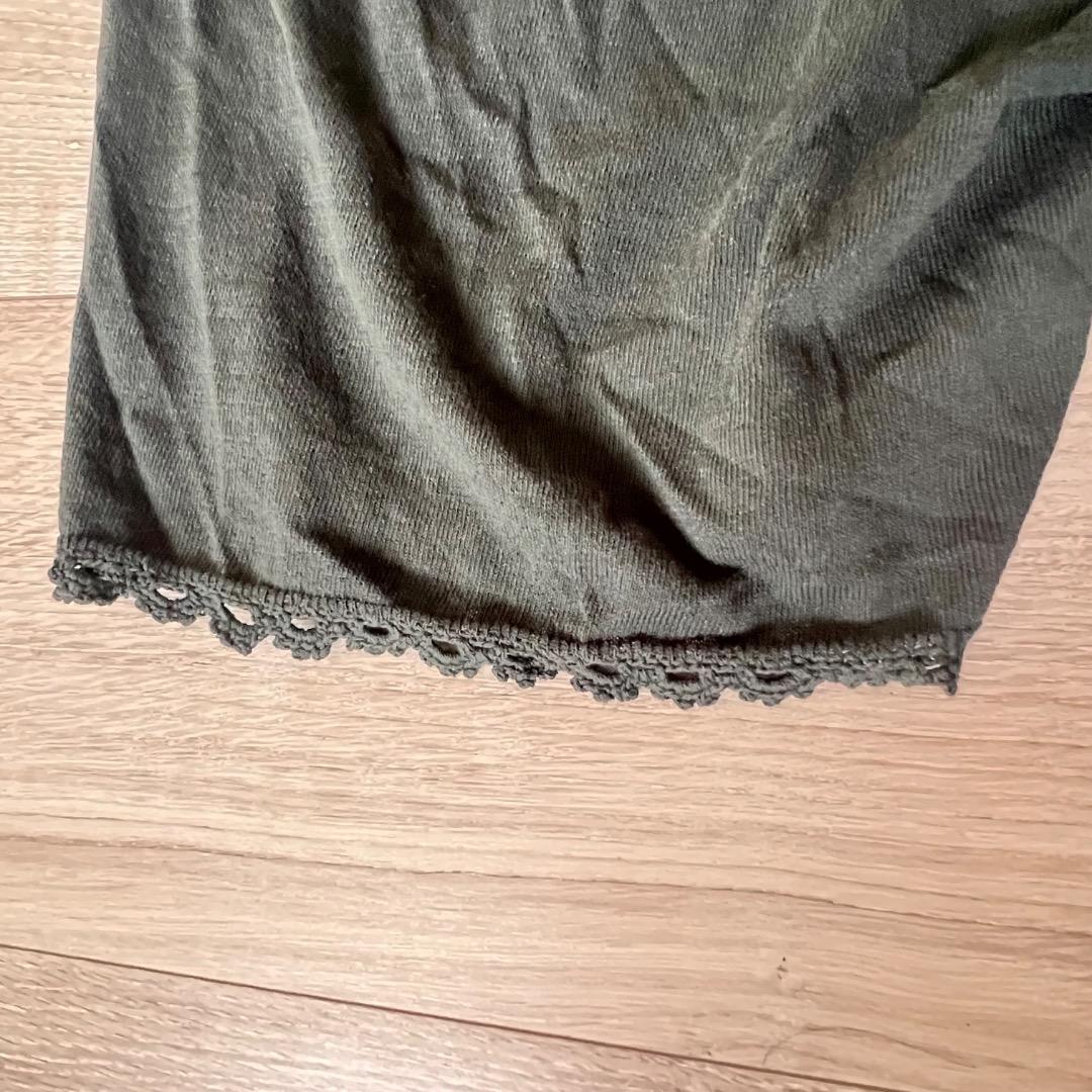 【美品】45R レースdeニットソーTシャツ グリーン レース フリル