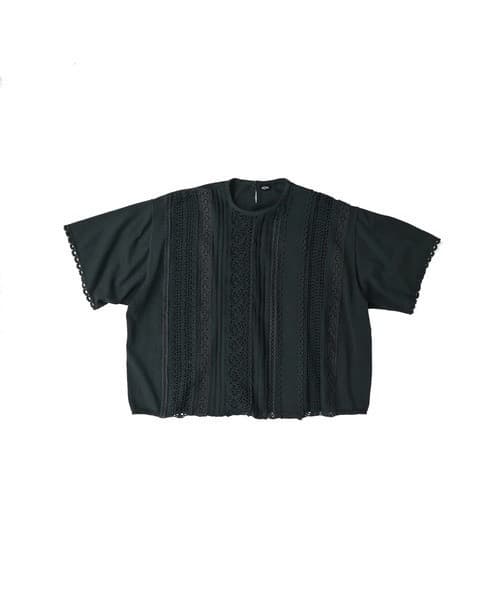 【美品】45R レースdeニットソーTシャツ グリーン レース フリル