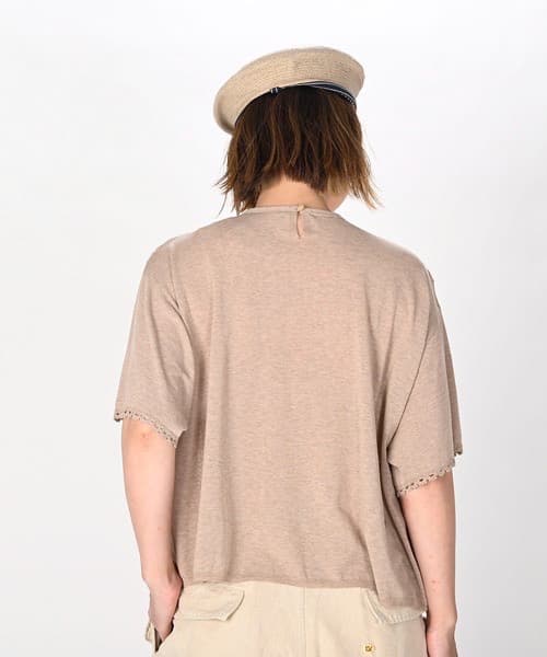 【美品】45R レースdeニットソーTシャツ グリーン レース フリル