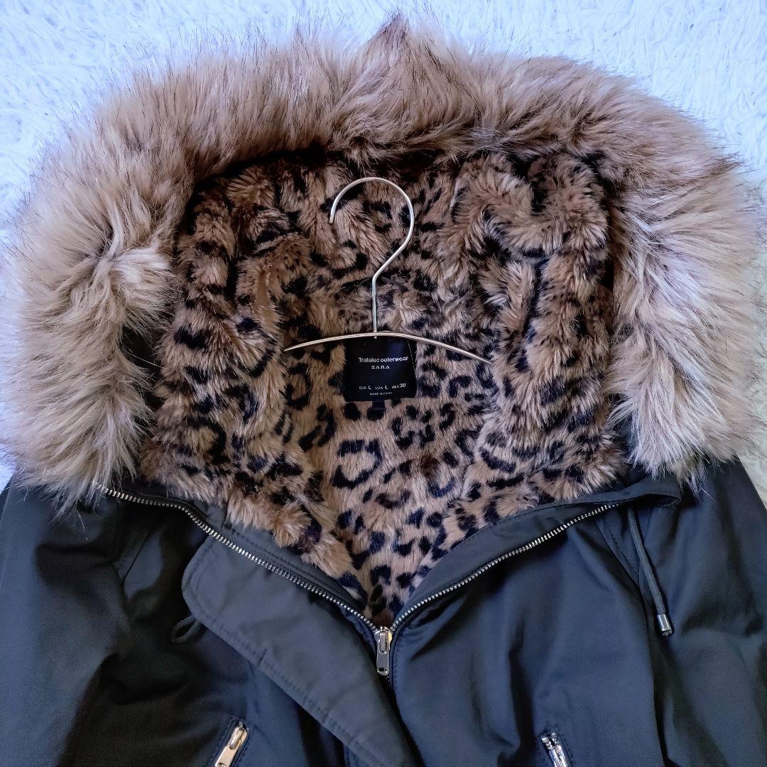 ZARA　フーデットファーコート　裏ボアレオパード　大きいサイズ　XL相当　美品