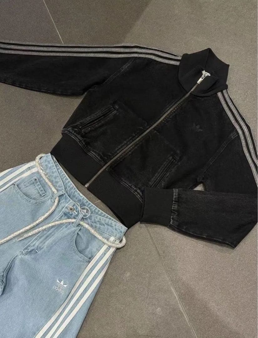 新品M女性】アディダスアディカラーデニムジャケットファイヤーバードトラック