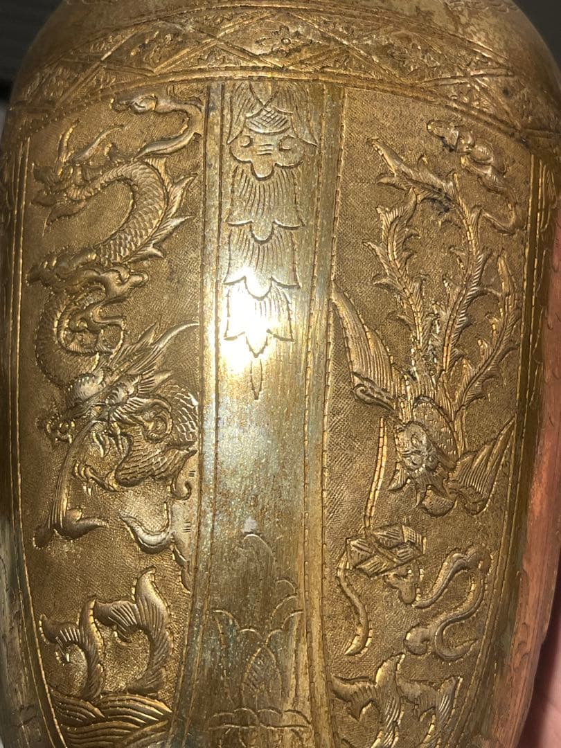 ダ*吉様 金属製 龍と鳳の模様 花瓶 約30cm 手打ち