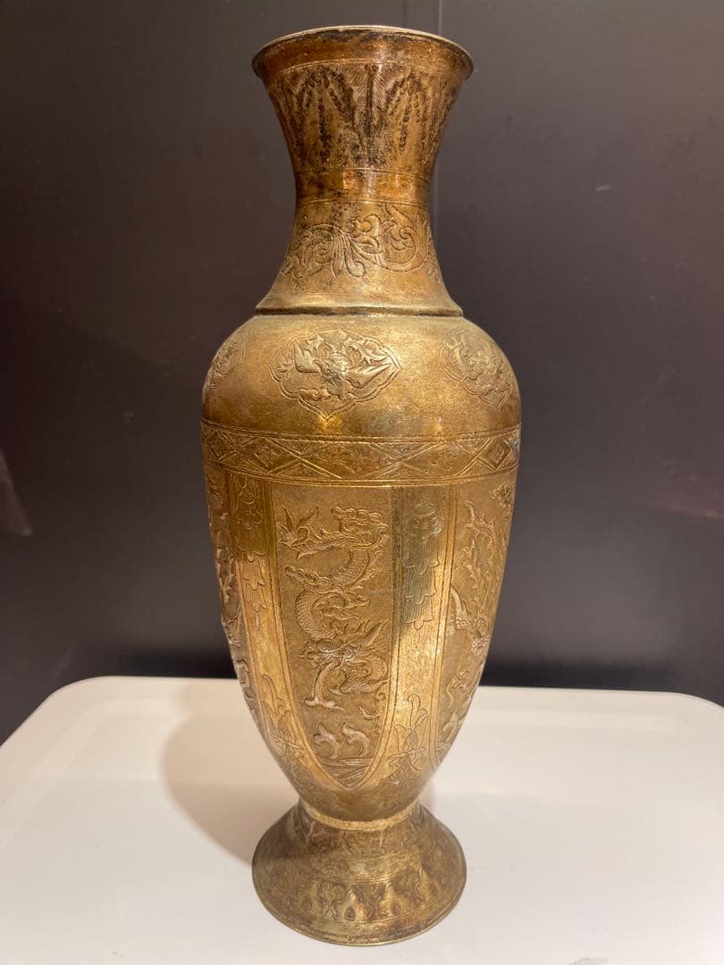 ダ*吉様 金属製 龍と鳳の模様 花瓶 約30cm 手打ち