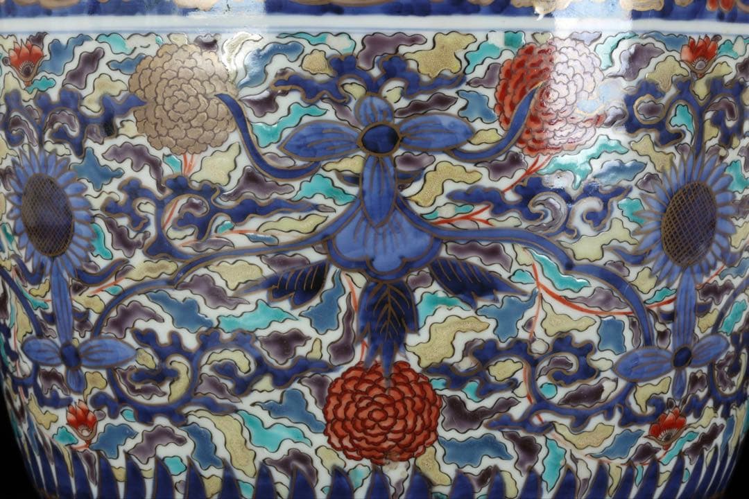 【古伊万里】色絵金彩大鉢 菊牡丹文様 植木鉢 蘭鉢 盆栽鉢 火鉢 骨董 古美術