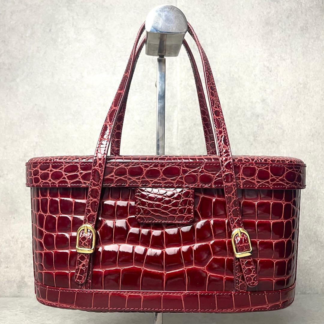 美品 保証書付き クロコダイル 型押し シャイニング バニティ ボルドー 鏡付き