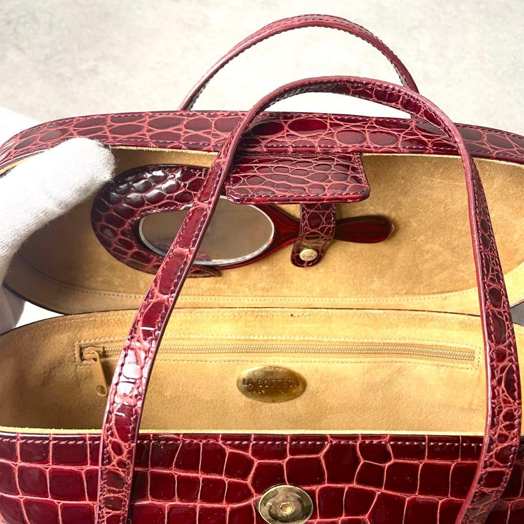 美品 保証書付き クロコダイル 型押し シャイニング バニティ ボルドー 鏡付き