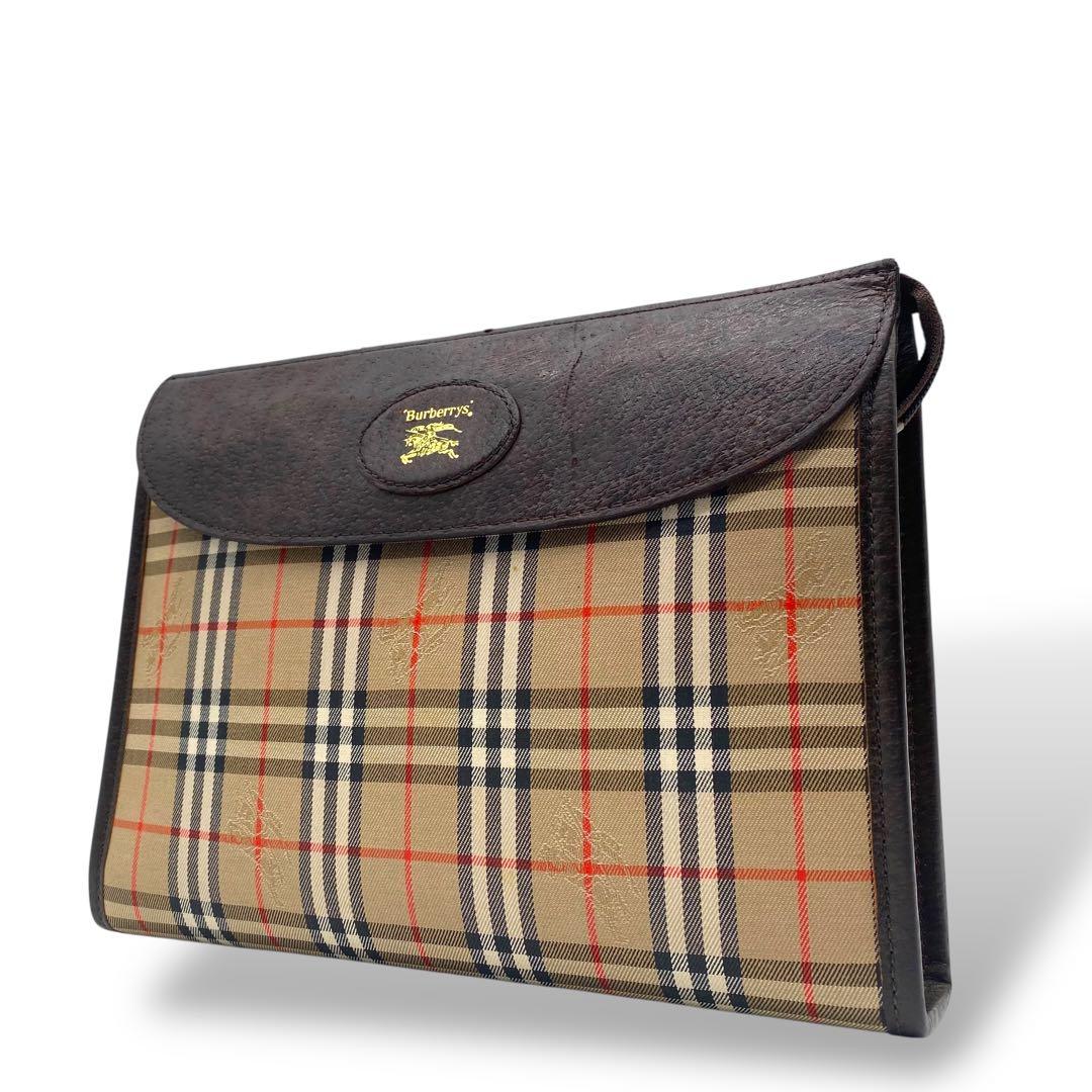 【良品】バーバリー クラッチバッグ ノバチェック キャンバス レザー ブラウン