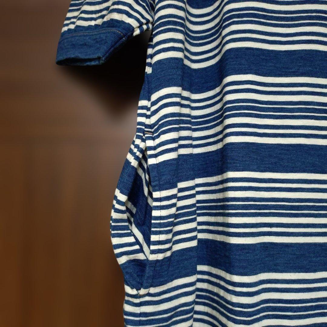 45R 縞天竺のカットワークドレス(インディゴ）