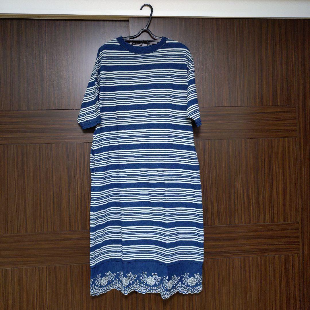 45R 縞天竺のカットワークドレス(インディゴ）