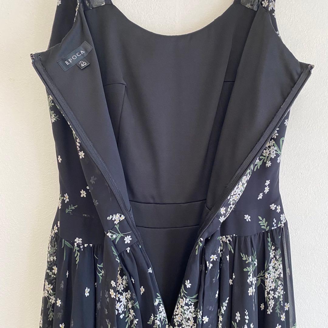 パニエ付き 花柄シフォン×フレアパーティードレス ブラック EPOCA