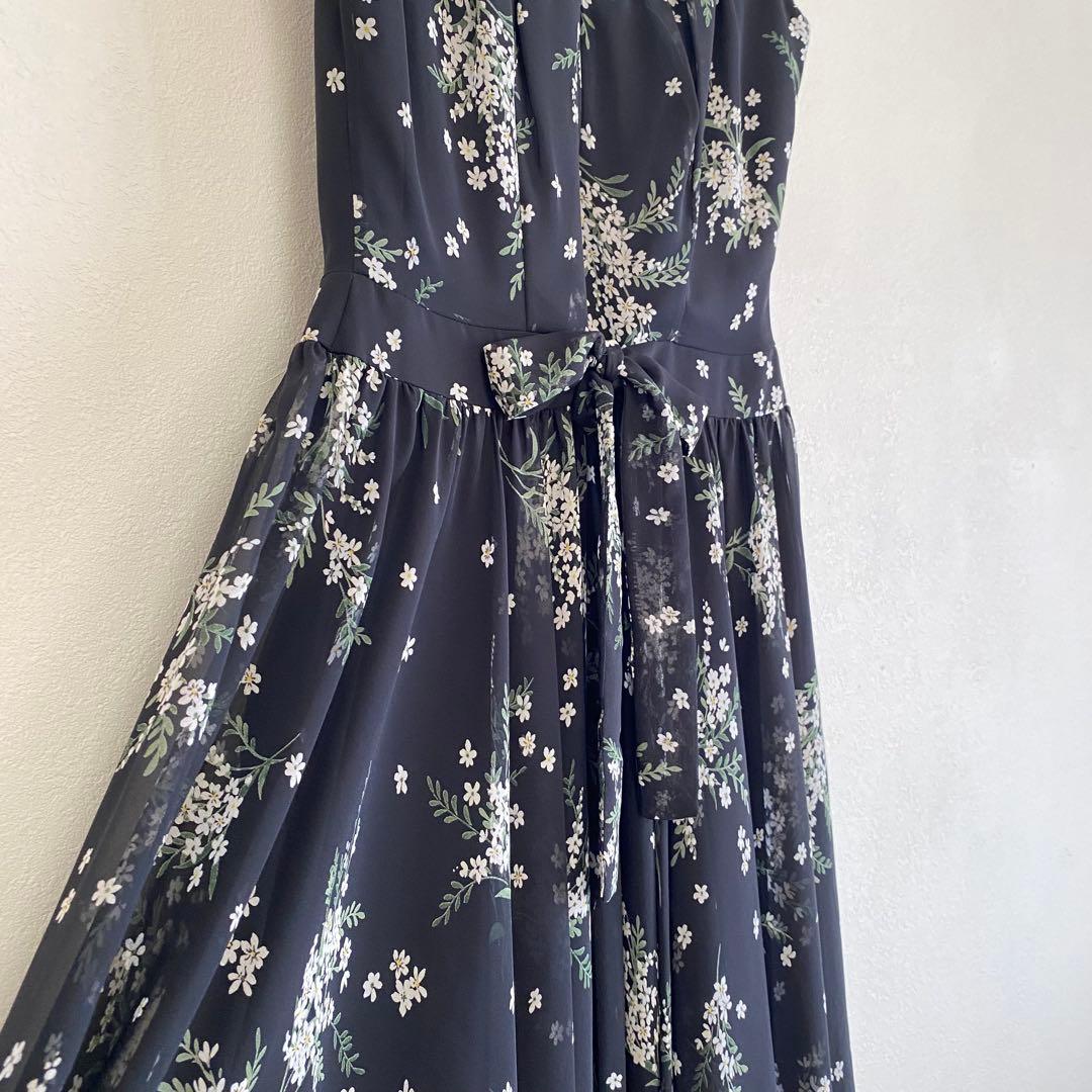 パニエ付き 花柄シフォン×フレアパーティードレス ブラック EPOCA