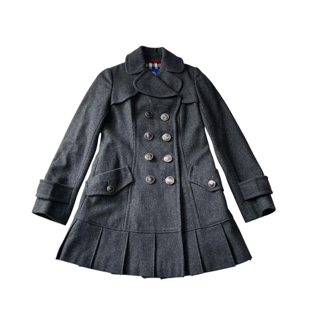 美品 バーバリーブルーレーベル ピーコート シルバーボタン グレー ノバチェック