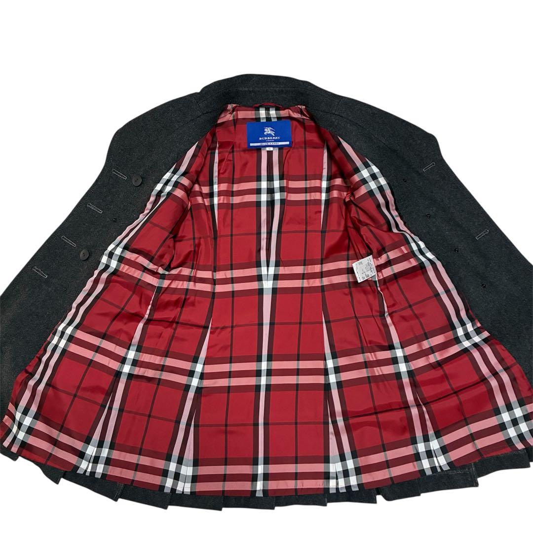 美品 バーバリーブルーレーベル ピーコート シルバーボタン グレー ノバチェック