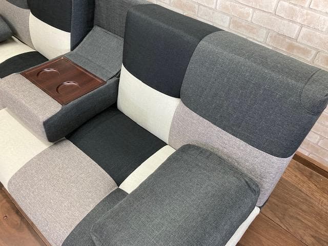 ソファーベッド　小テーブル付き　パッチワーク柄　グレーMIX　ソファ　新品