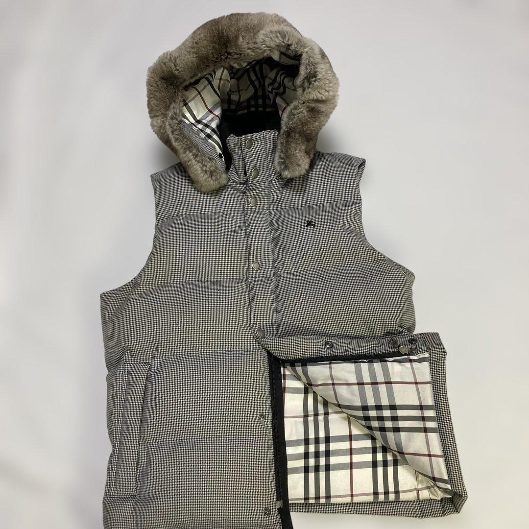 レア★バーバリーブラックレーベル 千鳥 フード リアルファー ダウンベスト L