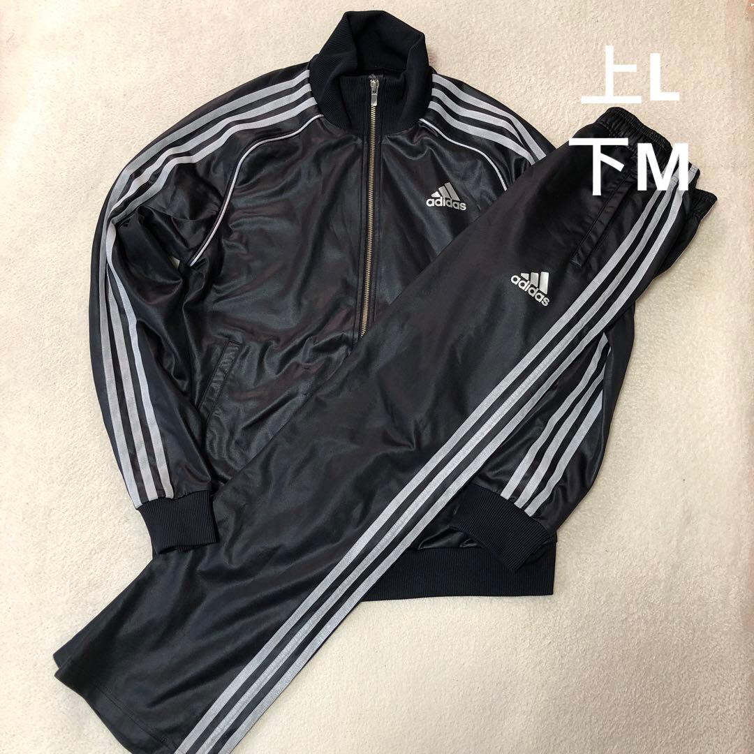 adidas　光沢デザイン　ジャージ上下　セットアップ　ブラック　y2k