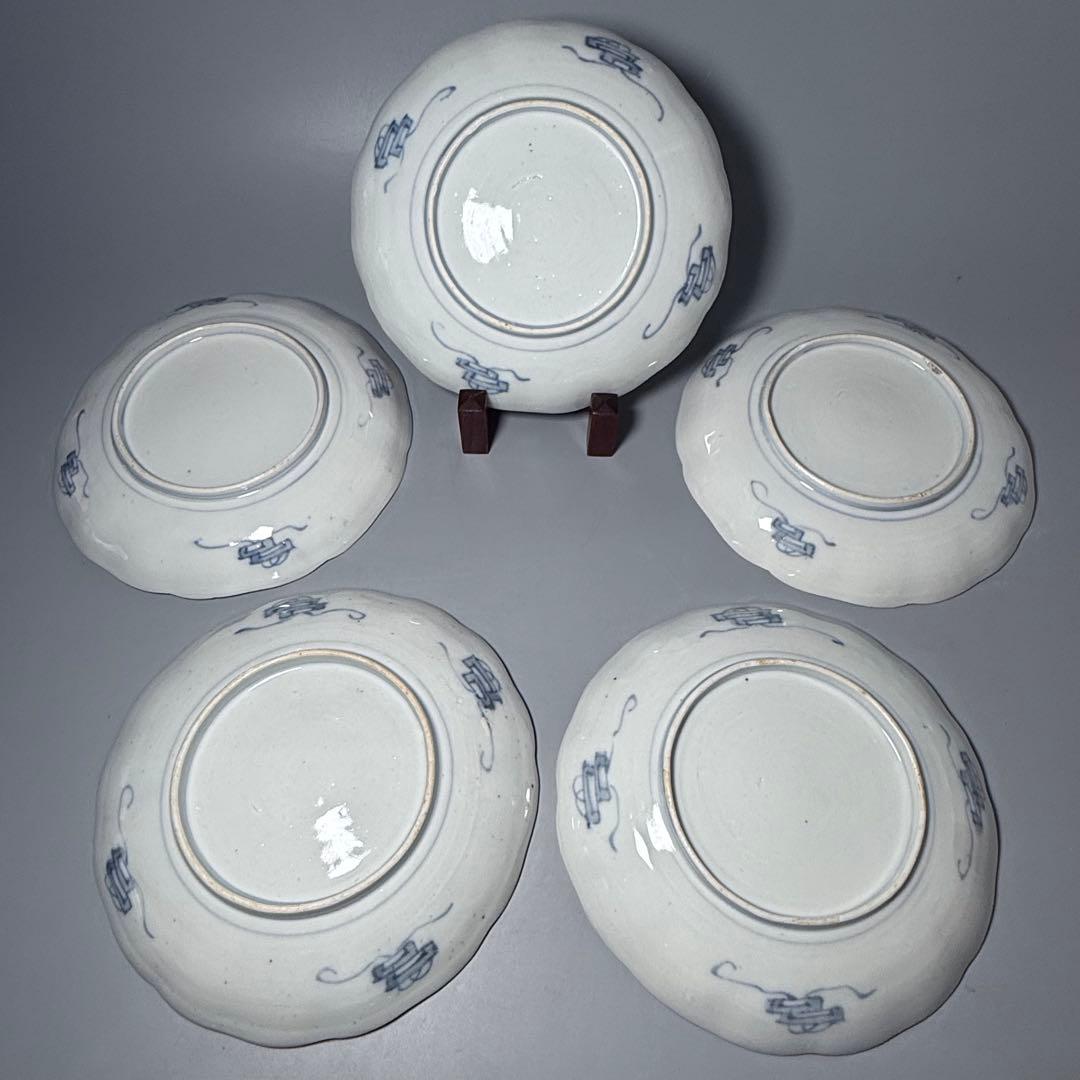 古伊万里　色絵花鳥図輪花形七寸皿　5枚　松竹梅　裏巻物文様　金蘭手　赤絵　江戸期