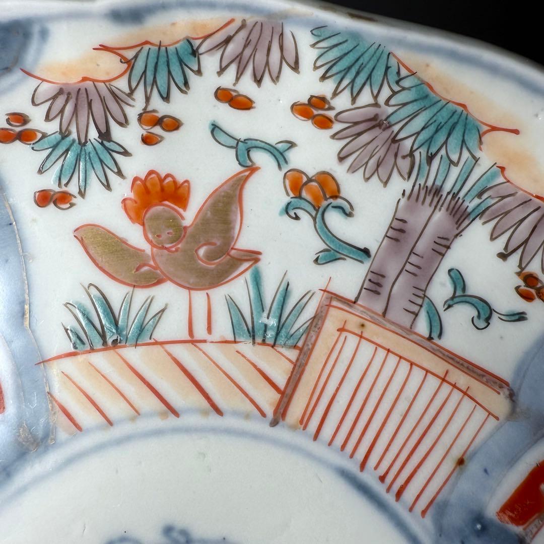 古伊万里　色絵花鳥図輪花形七寸皿　5枚　松竹梅　裏巻物文様　金蘭手　赤絵　江戸期