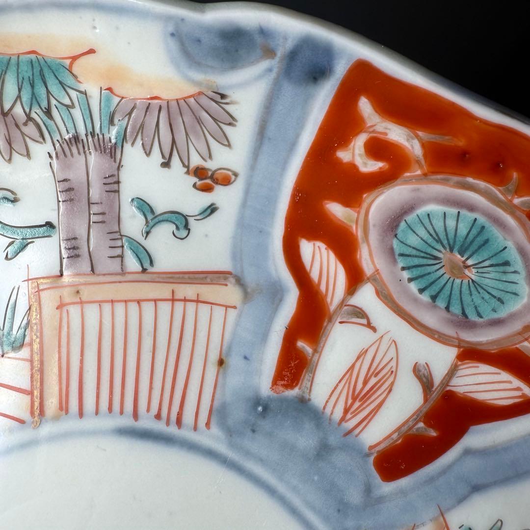 古伊万里　色絵花鳥図輪花形七寸皿　5枚　松竹梅　裏巻物文様　金蘭手　赤絵　江戸期