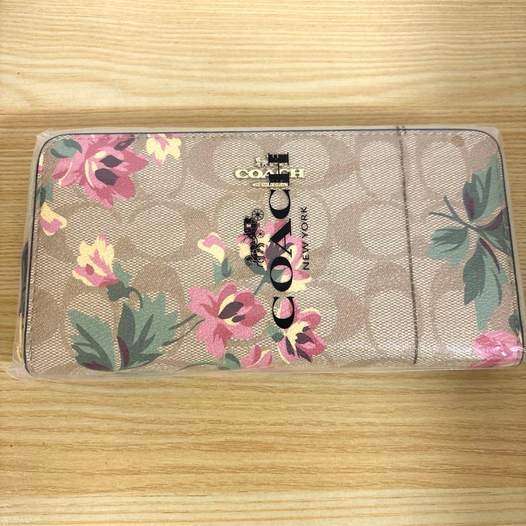 新品 COACH コーチ 財布 長財布 花柄 茶