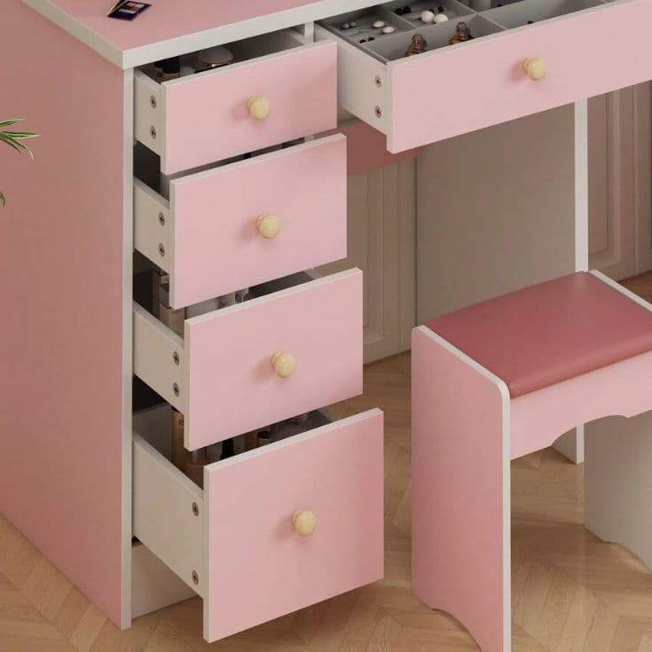 ピンク姫系ドレッサー 幅 80cm 円形ミラー 引き出し 5 杯 スツール付き