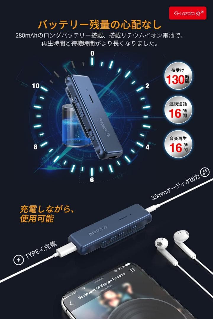 ☆マイク付き ハンズフリー通話 2台同時接続 　オーディオ