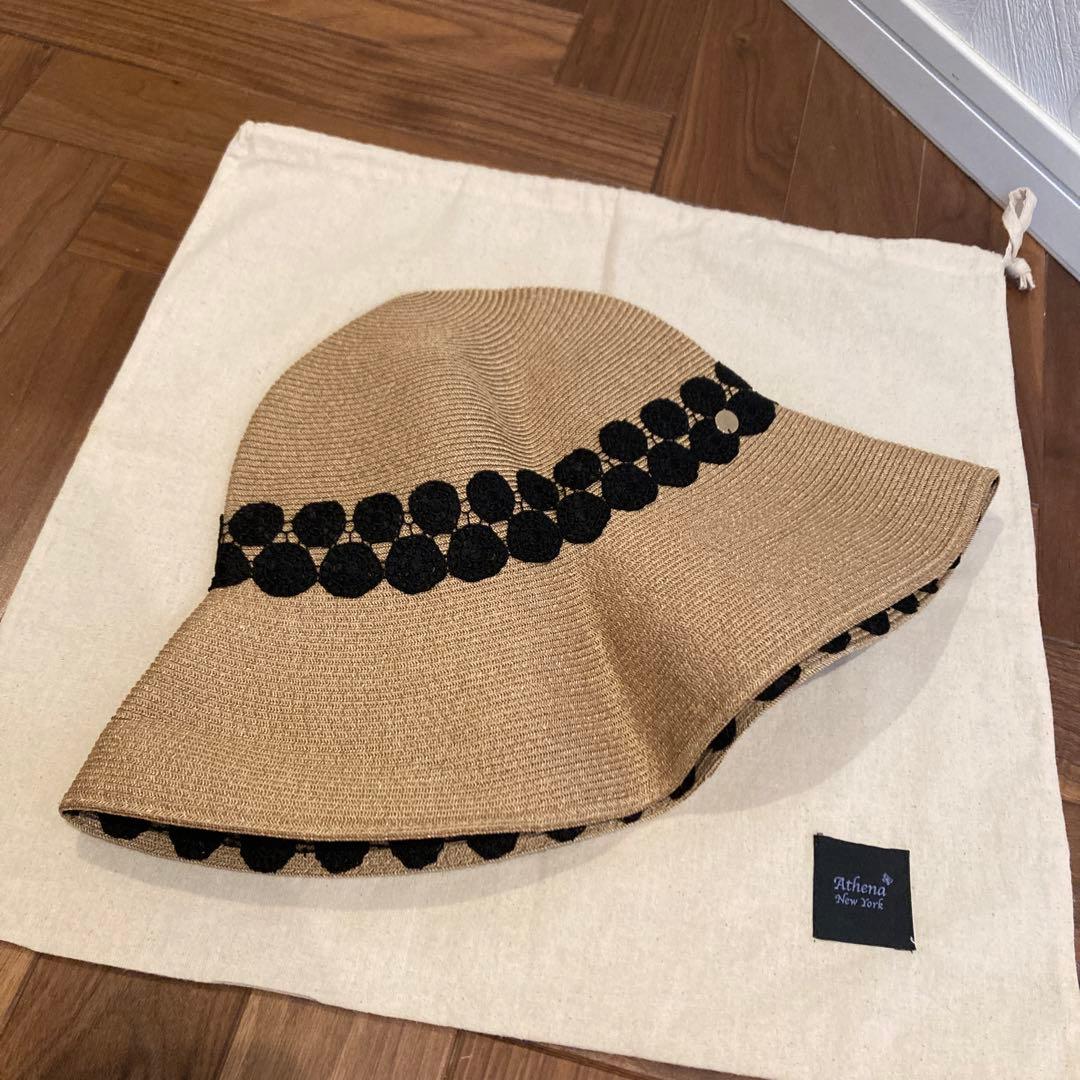Athena New York 麦わら帽子 ベージュ/黒レース
