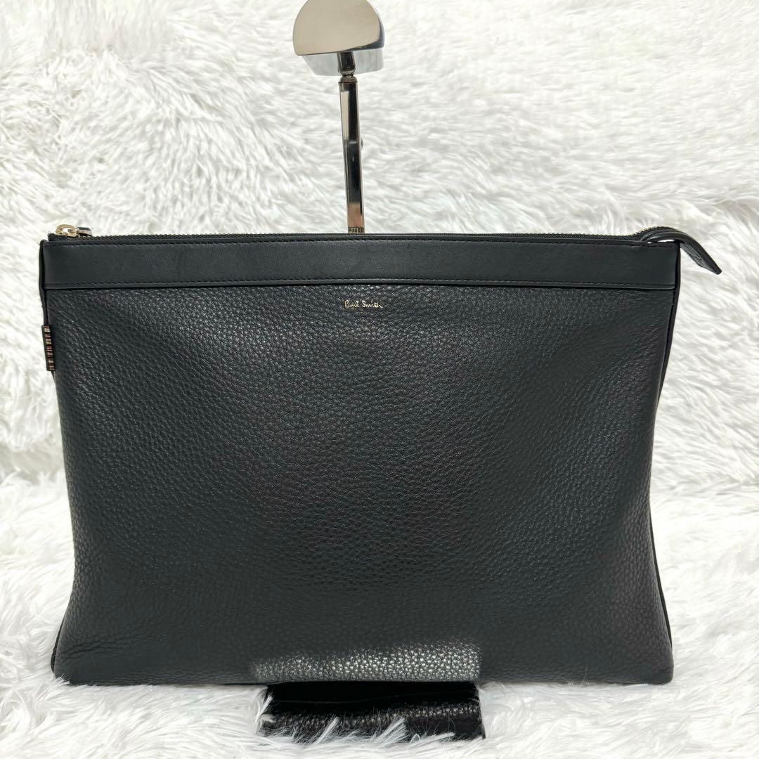 美品✨ ポールスミス 2way クラッチバッグ マルチストライプ シボ革 黒