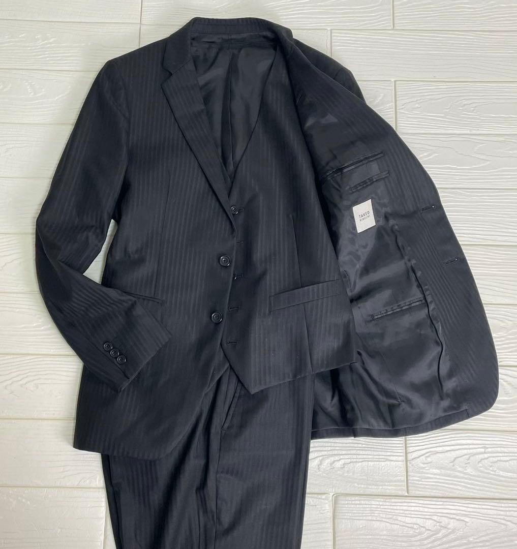 タケオキクチ　メンズ　スーツ　3ピース ブラック　シャドー　ストライプ