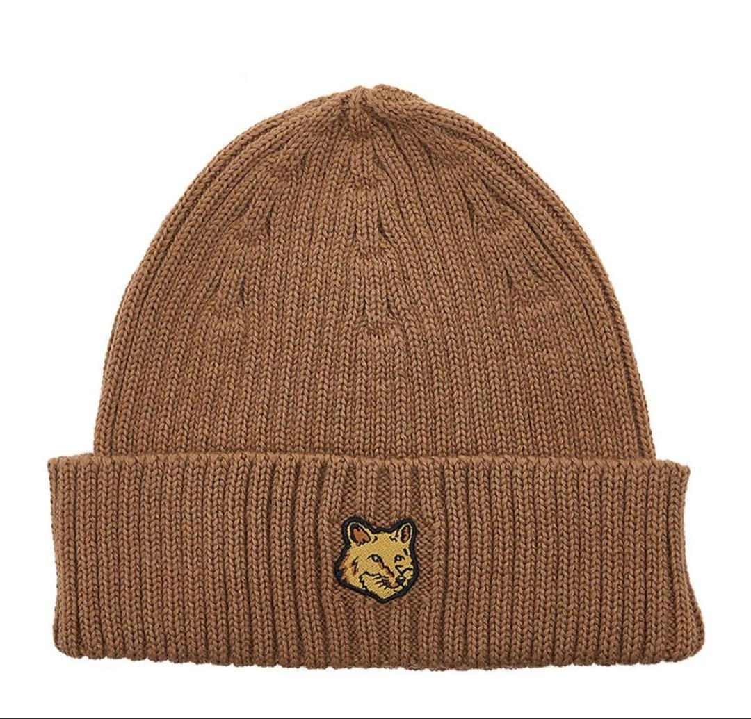 Maison Kitsune ブラウン リブ編み ニット帽 クマ刺繍