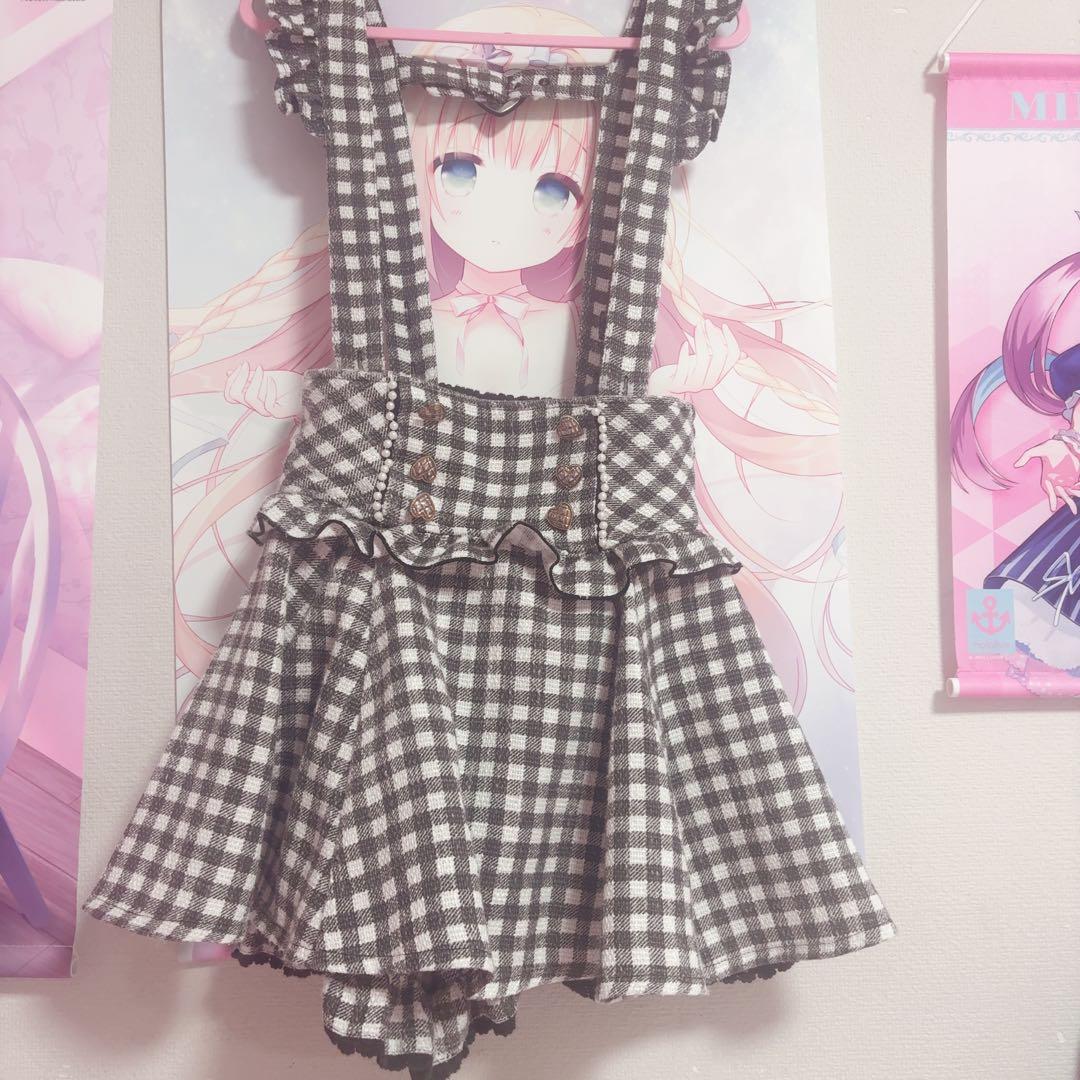 LIZLISA リズリサ ギンガムツイードサスペンダー付きスカパン スカート