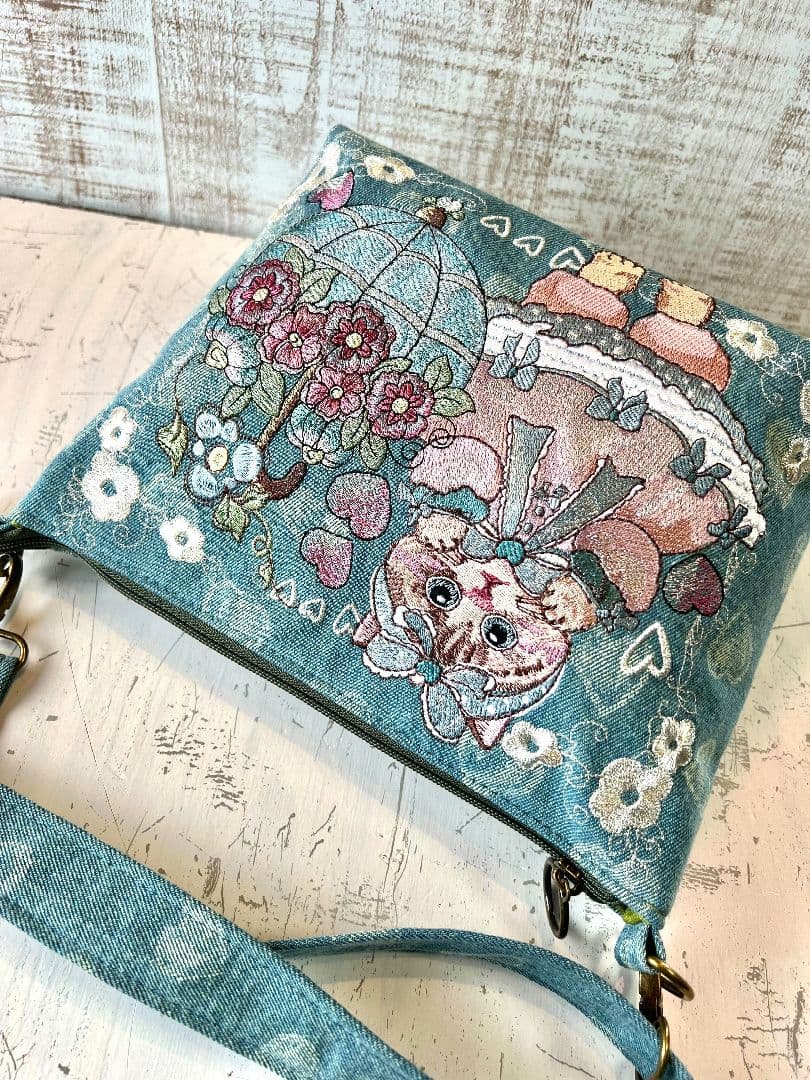 インディゴハート柄デニム♡刺繍のショルダーバッグ♡フリルリボン猫ちゃん