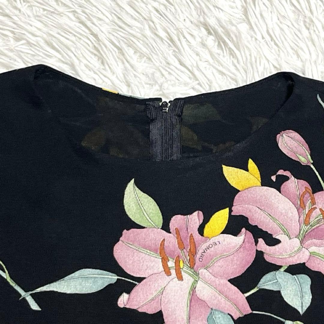 【稀少サイズ LL】レオナール チュニック カンカン素材 花柄 ブラック