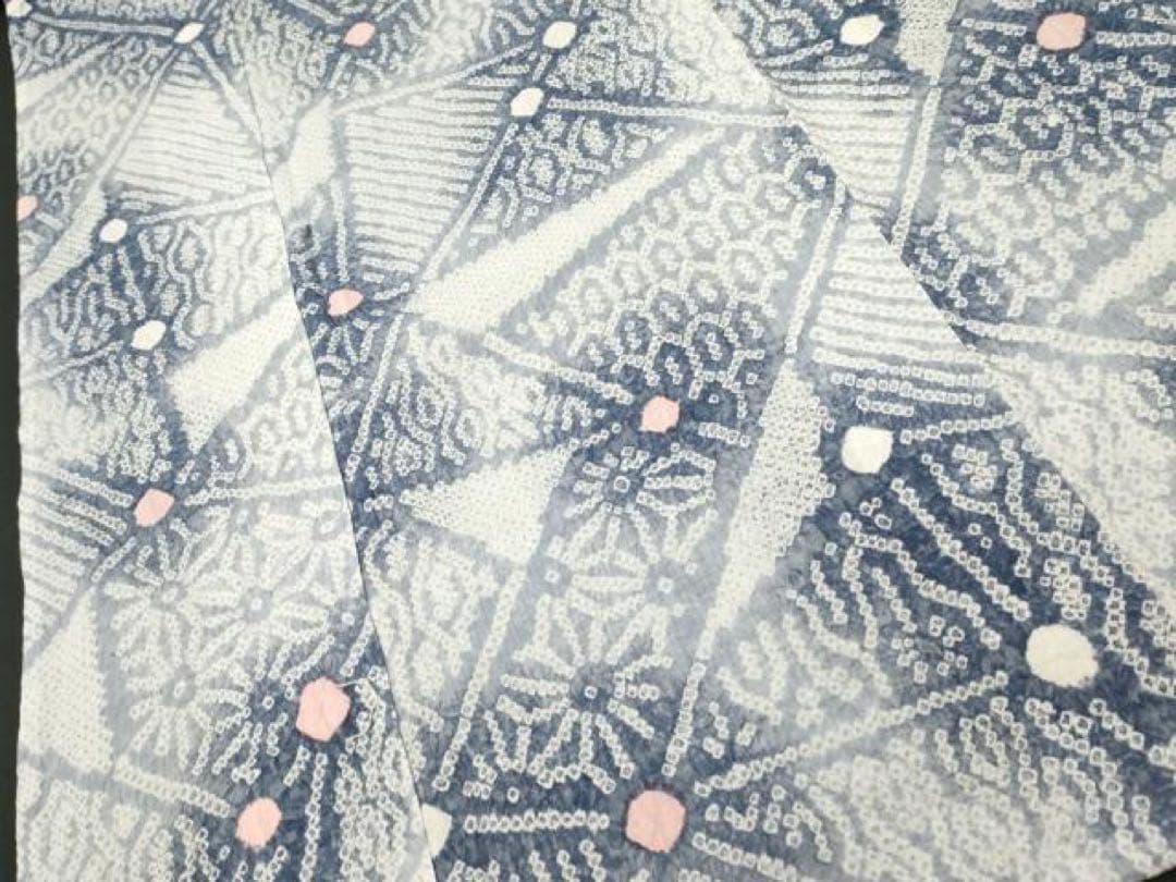 高級浴衣　有松絞り　身丈153 白紺　パステルカラー　有松鳴海絞り　切嵌吉祥文