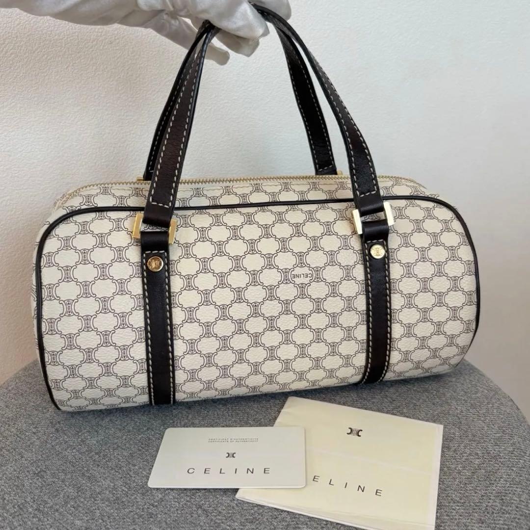 【美品】セリーヌ マカダム柄ハンドバッグ ミニボストンバッグ ホワイト系 127