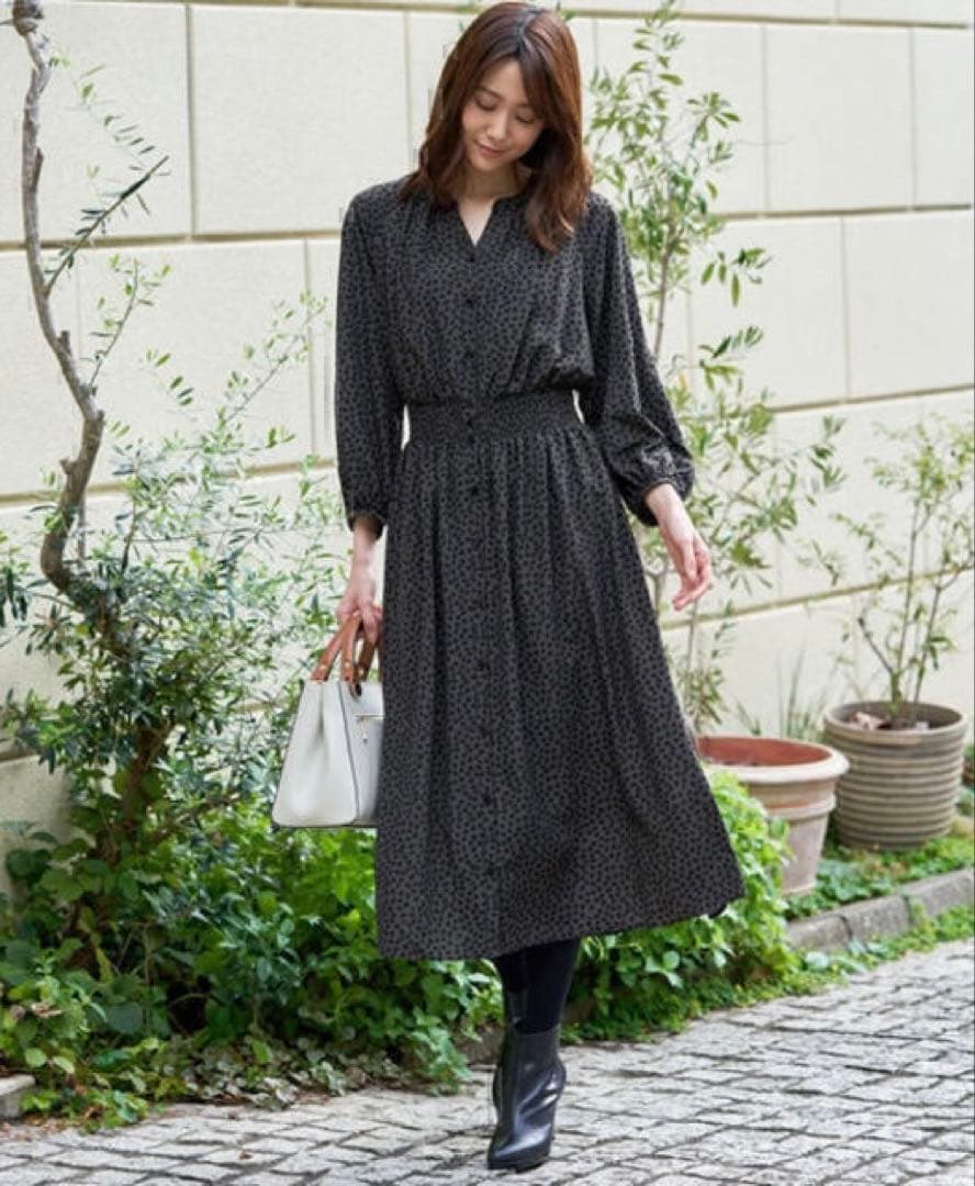 ANAYI アナイ デシンリーフプリントシャーリングワンピース 38 インナー付