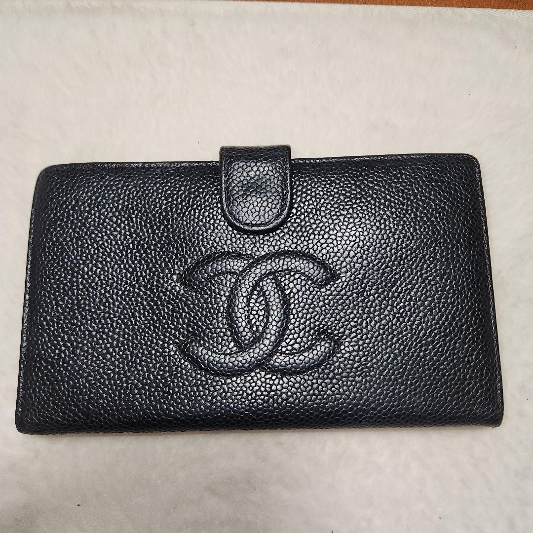 CHANEL シャネル キャビアスキン がま口　長財布　ブラック